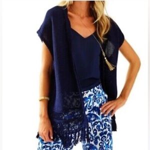 Lilly Pulitzer Boho  Bedford Cardigan Sleeveless True Navy Fringed  Size S/M